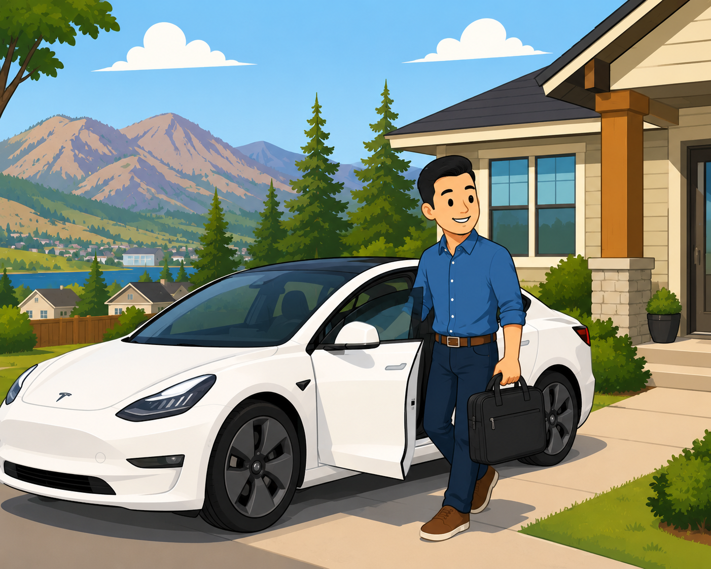 Infotech Merritt technician arriving at a home with a white Tesla